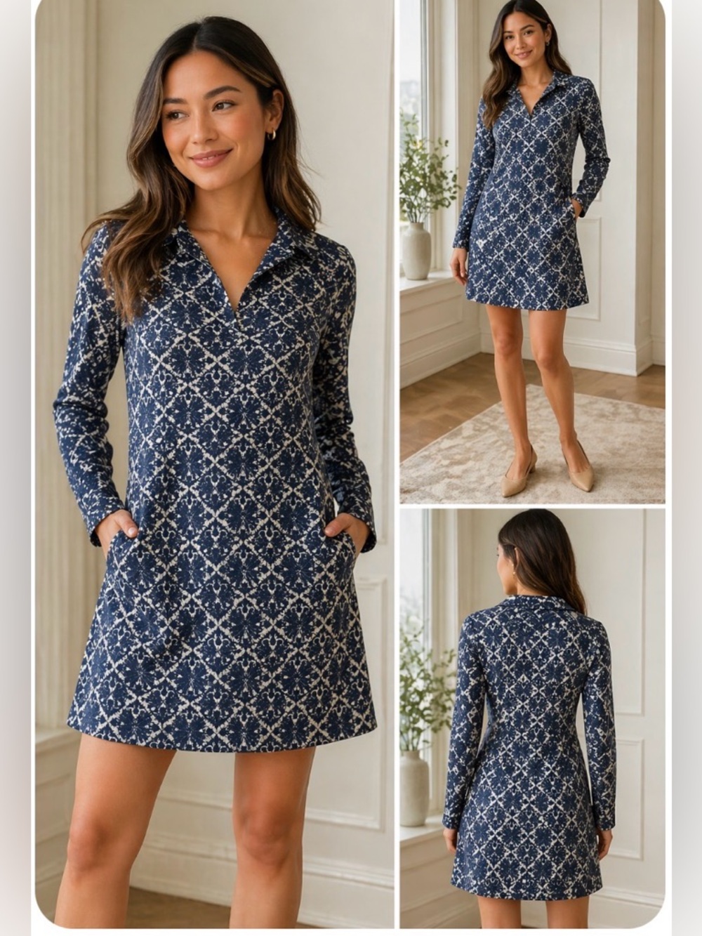 Tory Birch blue tile Patterned Long-Sleeve A line swing Dress M